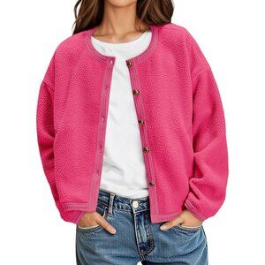 Women's Trendy Outerwear Fleece Rose Red Button Down Jackets Coats Crew Neck